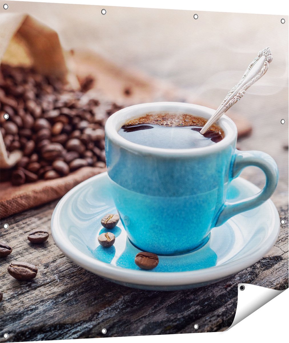 Gards Tuinposter Blauw Kopje Koffie met Koffiebonen - 110x110 cm - Tuindoek - Tuindecoratie - Wanddecoratie buiten - Tuinschilderij Multikleur