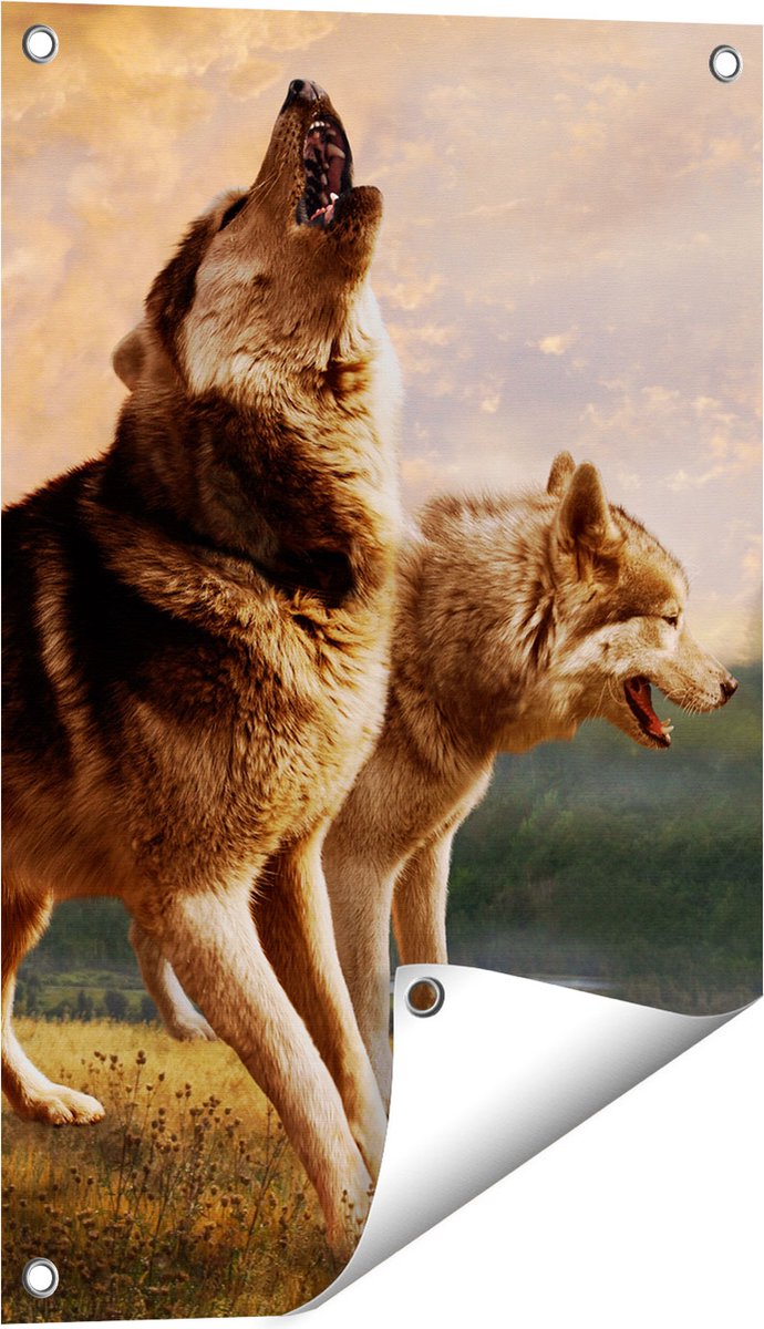 Gards Tuinposter Twee Wolven op het Gras - 40x60 cm - Tuindoek - Tuindecoratie - Wanddecoratie buiten - Tuinschilderij Multikleur