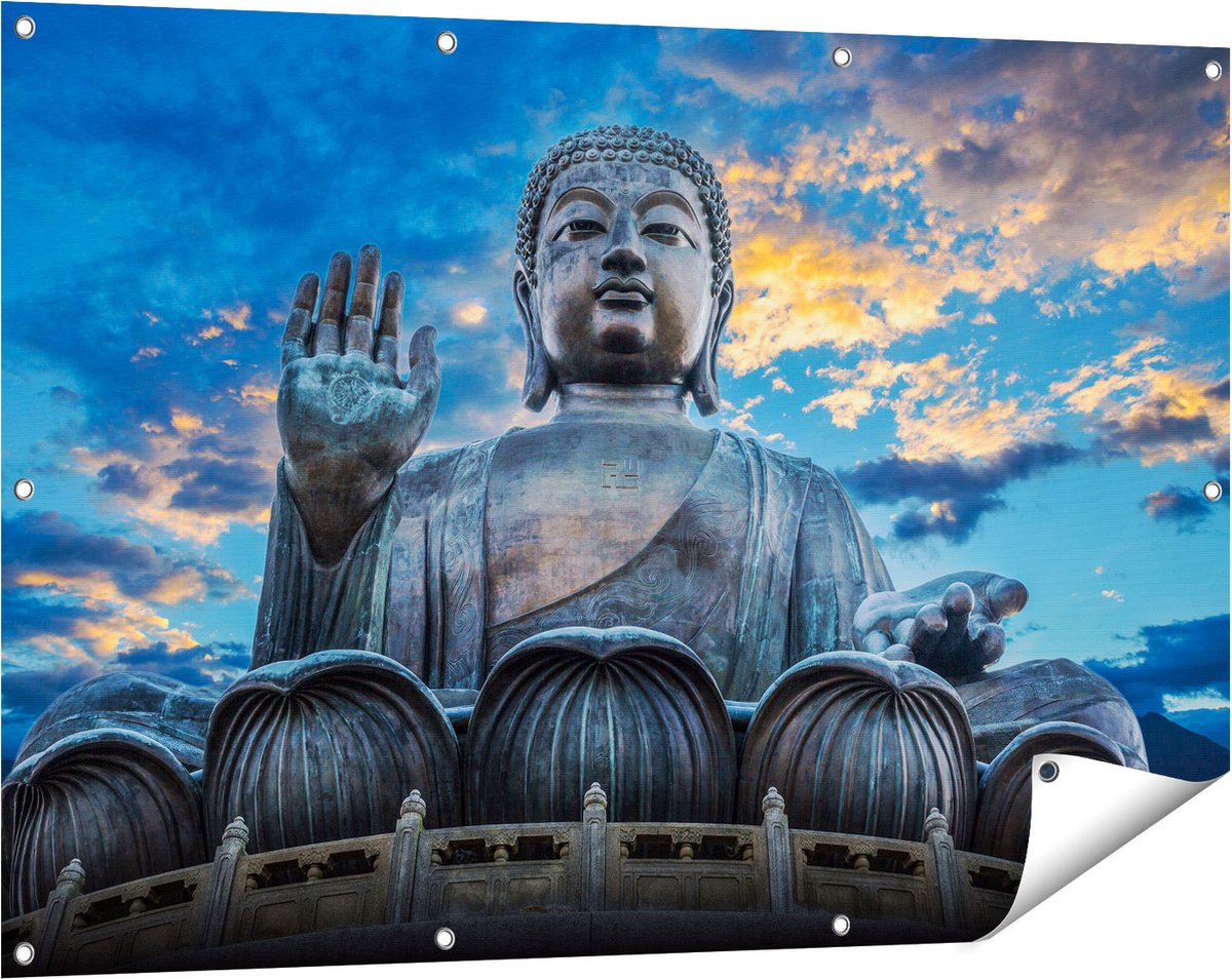 Gards Tuinposter Boeddha Beeld bij een Tempel - 120x80 cm - Tuindoek - Tuindecoratie - Wanddecoratie buiten - Tuinschilderij Multikleur