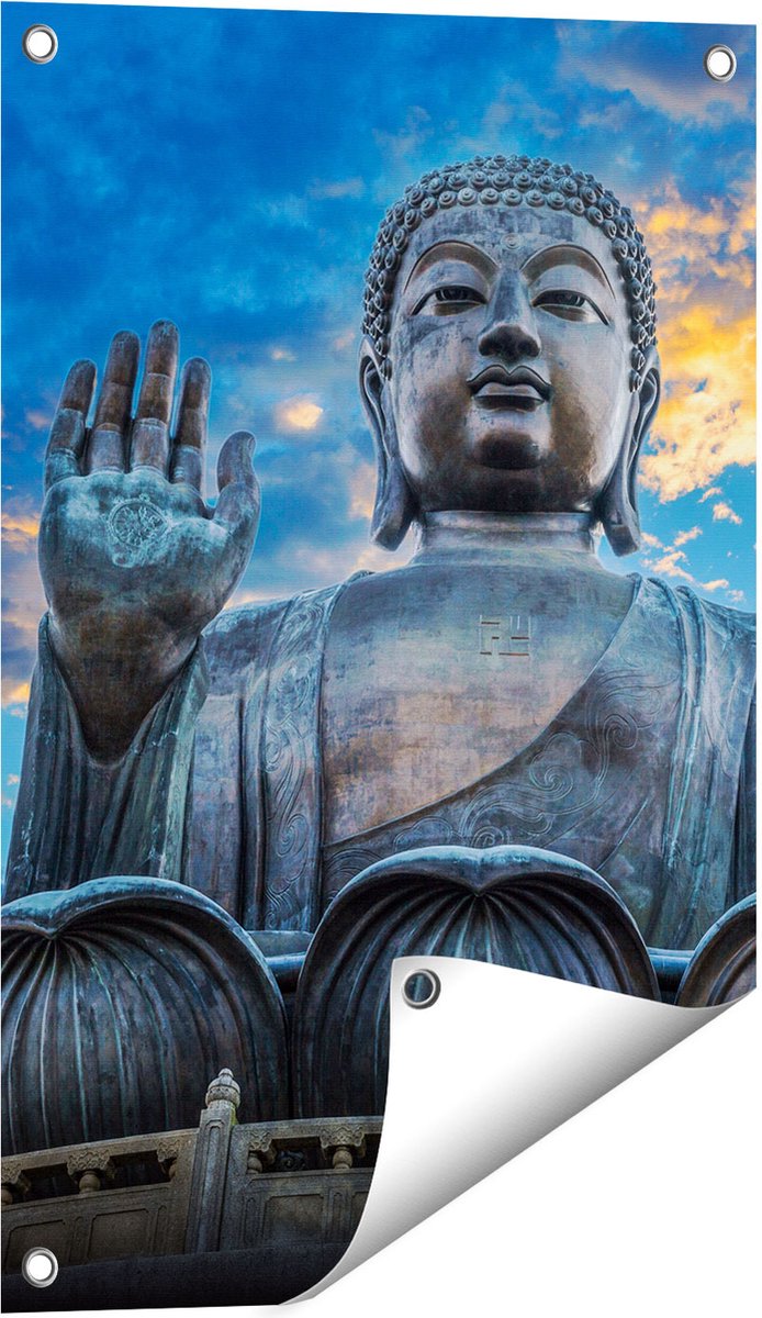 Gards Tuinposter Boeddha Beeld bij een Tempel - 40x60 cm - Tuindoek - Tuindecoratie - Wanddecoratie buiten - Tuinschilderij Multikleur