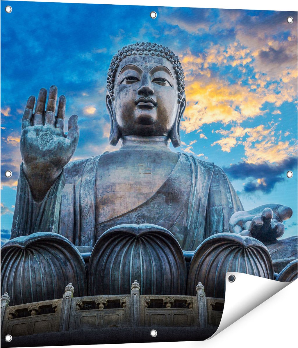 Gards Tuinposter Boeddha Beeld bij een Tempel - 80x80 cm - Tuindoek - Tuindecoratie - Wanddecoratie buiten - Tuinschilderij Multikleur