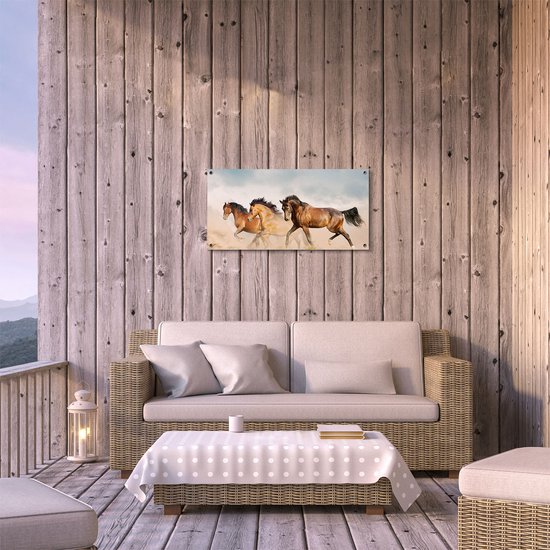 Affiche de jardin Gards Trois Paarden bruns - 80x40 cm - Toile de jardin - Décoration de jardin - Décoration murale extérieure - Peinture de jardin