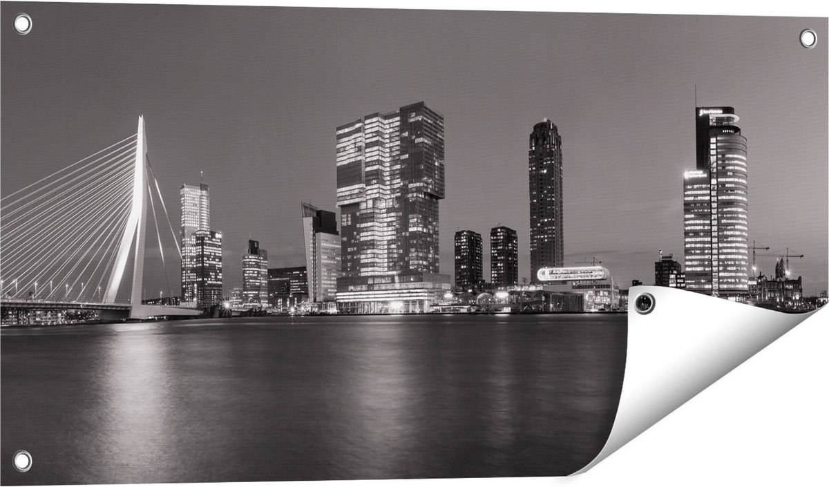 Gards Tuinposter Rotterdamse Skyline - Zwart Wit - 80x40 cm - Tuindoek - Tuindecoratie - Wanddecoratie buiten - Tuinschilderij Multikleur