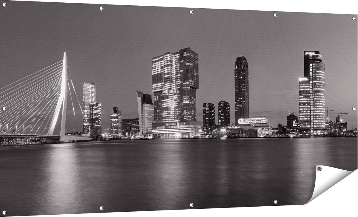 Gards Tuinposter Rotterdamse Skyline - Zwart Wit - 180x90 cm - Tuindoek - Tuindecoratie - Wanddecoratie buiten - Tuinschilderij Multikleur