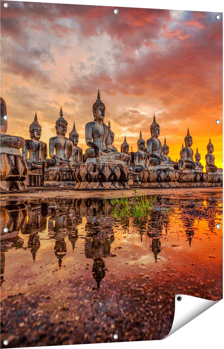 Gards Tuinposter Boeddha Beelden tijdens Zonsondergang - 90x120 cm - Tuindoek - Tuindecoratie - Wanddecoratie buiten - Tuinschilderij Multikleur