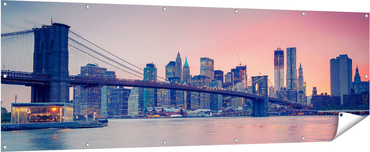 Gards Tuinposter New York Brooklyn Brug bij Zonsondergang - 210x70 cm - Tuindoek - Tuindecoratie - Wanddecoratie buiten - Tuinschilderij Multikleur