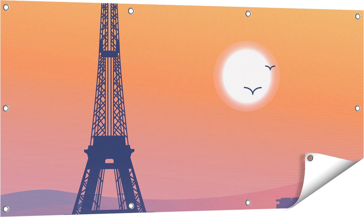 Gards Tuinposter Illustratie van de Eiffeltoren in Parijs - 120x60 cm - Tuindoek - Tuindecoratie - Wanddecoratie buiten - Tuinschilderij Multikleur
