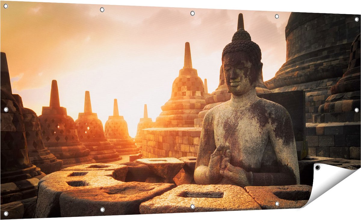 Gards Tuinposter Boeddha Beeld in een Tempel - 160x80 cm - Tuindoek - Tuindecoratie - Wanddecoratie buiten - Tuinschilderij Multikleur