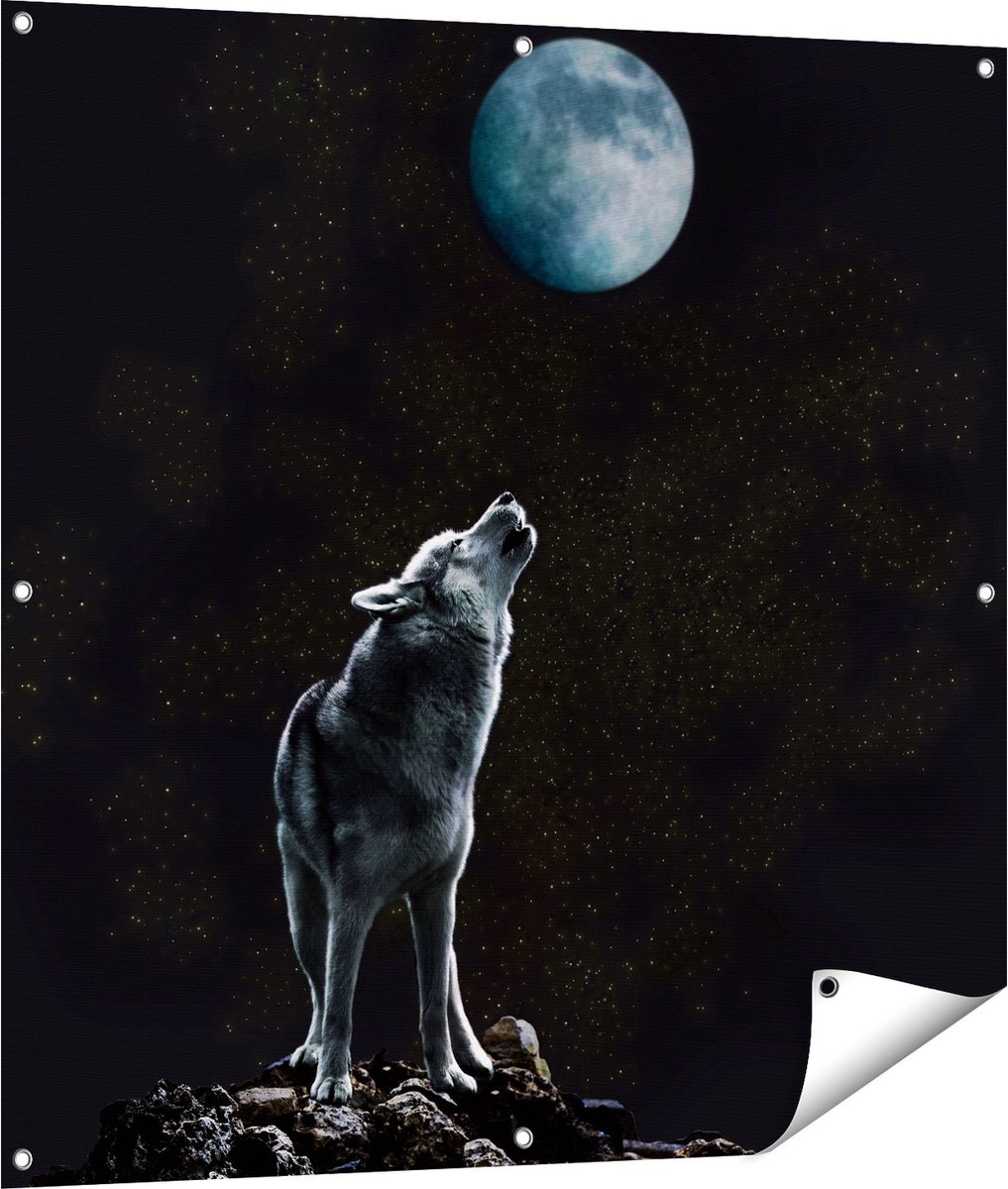 Gards Tuinposter Wolf Huilt naar de Volle Maan - 100x100 cm - Tuindoek - Tuindecoratie - Wanddecoratie buiten - Tuinschilderij Multikleur