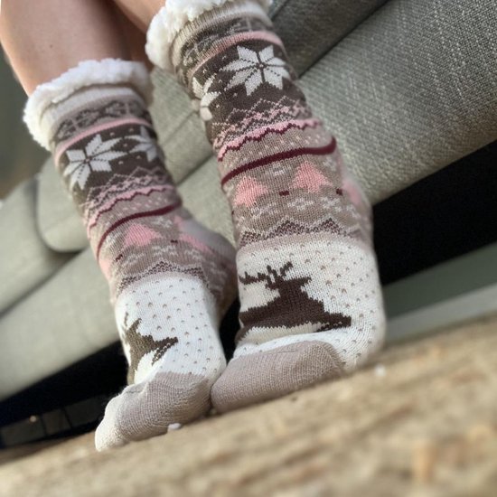 Merino schapen Wollen sokken - Creme met Sneeuwvlok/Rendier - maat 35/38 - Huissokken - Antislip sokken - Warme sokken – Winter sokken