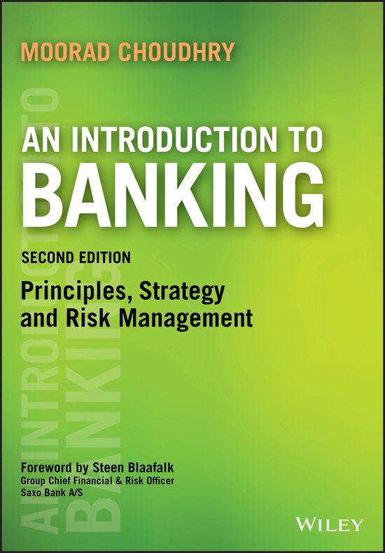 Boek "An Introduction to Banking" door Moorad Choudhry, tweede editie, met principes, strategie en risicomanagement op een groene achtergrond.