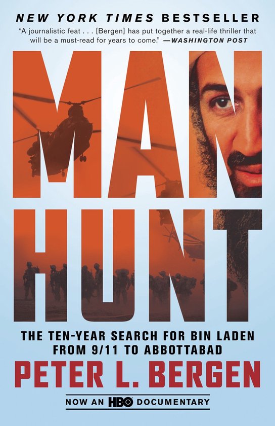 Boekomslag van 'Manhunt', met de titel in grote oranje letters, een foto van militairen en helikopters en een portret van Osama bin Laden.