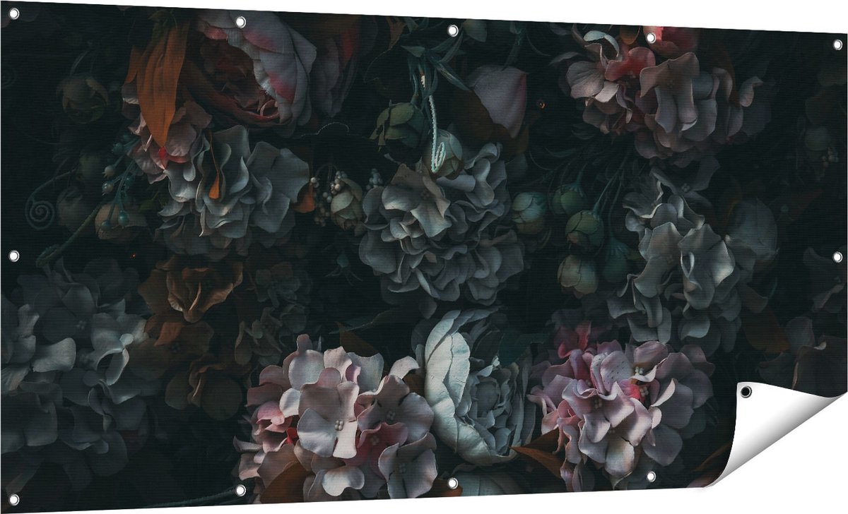Gards Tuinposter Bloemen in het Donker - Duisternis - 160x80 cm - Tuindoek - Tuindecoratie - Wanddecoratie buiten - Tuinschilderij Multikleur