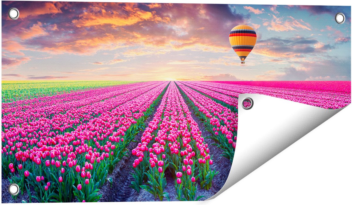 Gards Tuinposter Bloemenveld met Roze Tulpen - Luchtballon - 60x30 cm - Tuindoek - Tuindecoratie - Wanddecoratie buiten - Tuinschilderij Multikleur