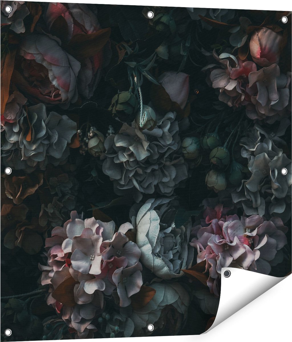 Gards Tuinposter Bloemen in het Donker - Duisternis - 80x80 cm - Tuindoek - Tuindecoratie - Wanddecoratie buiten - Tuinschilderij Multikleur