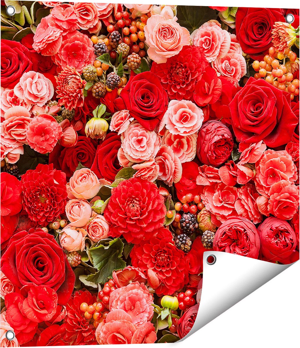 Gards Tuinposter Rode en Roze Bloemen met Fruit - Abstract - 60x60 cm - Tuindoek - Tuindecoratie - Wanddecoratie buiten - Tuinschilderij Multikleur