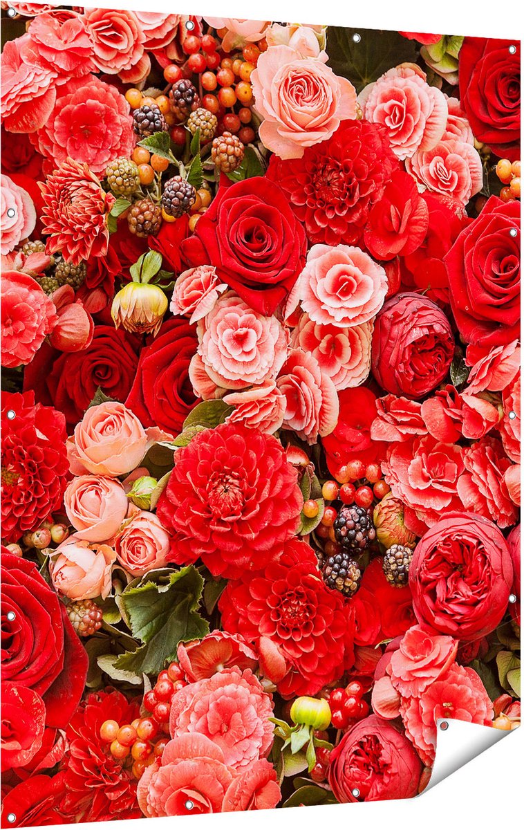 Gards Tuinposter Rode en Roze Bloemen met Fruit - Abstract - 120x160 cm - Tuindoek - Tuindecoratie - Wanddecoratie buiten - Tuinschilderij Multikleur