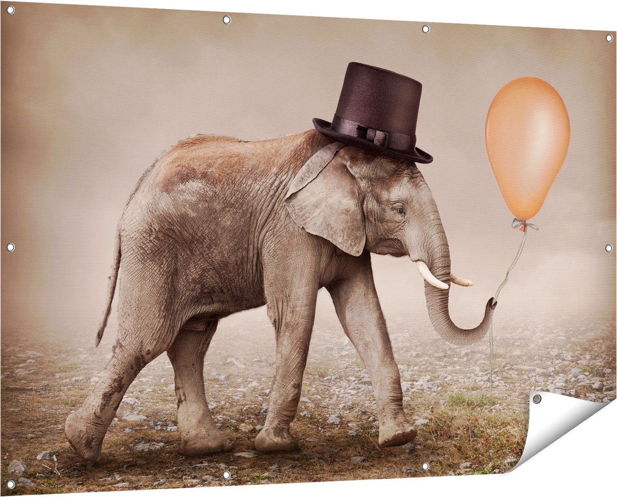 Gards Tuinposter Olifant met een Oranje Ballon - Hoedje - 150x100 cm - Tuindoek - Tuindecoratie - Wanddecoratie buiten - Tuinschilderij Multikleur