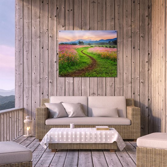 Gards Poster de jardin Kosmos Champ de fleurs avec allée - Fleurs - 100x80 cm - Toile de jardin - Décoration de jardin - Décoration murale extérieure - Peinture de jardin
