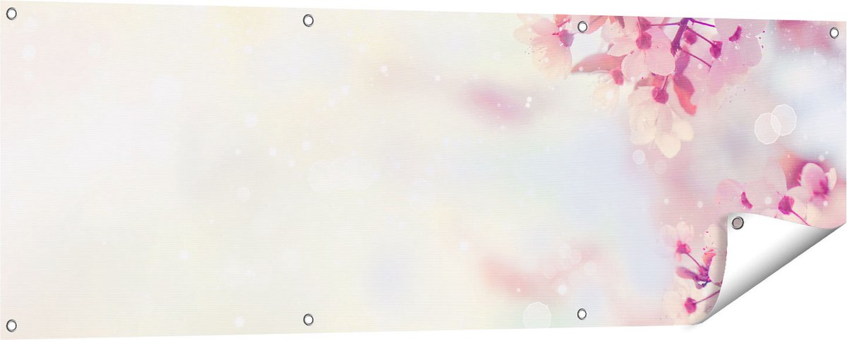 Gards Tuinposter Roze Bloesemboom met Zonneschijn - 150x50 cm - Tuindoek - Tuindecoratie - Wanddecoratie buiten - Tuinschilderij Multikleur