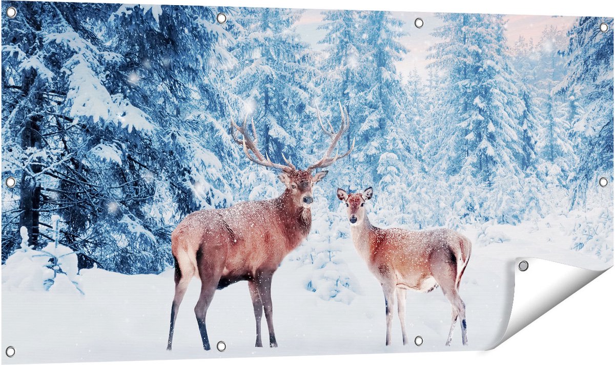 Gards Tuinposter Twee Herten in het Bos met Sneeuw - 120x60 cm - Tuindoek - Tuindecoratie - Wanddecoratie buiten - Tuinschilderij Multikleur