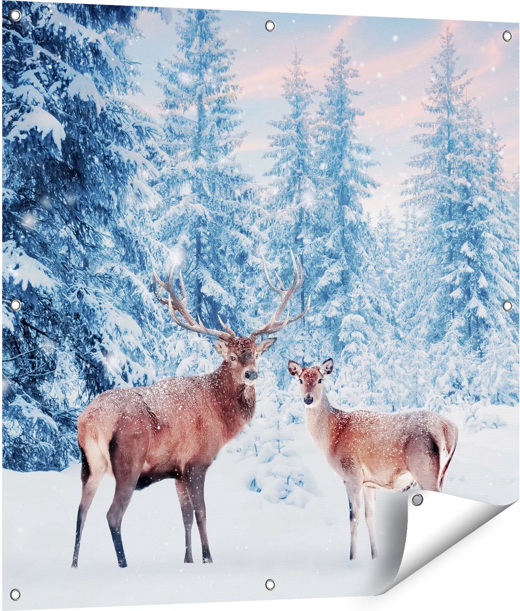 Gards Tuinposter Twee Herten in het Bos met Sneeuw - 90x90 cm - Tuindoek - Tuindecoratie - Wanddecoratie buiten - Tuinschilderij Multikleur