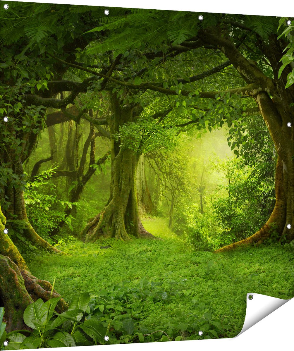 Gards Tuinposter Groene Tropische Jungle Bos - 120x120 cm - Tuindoek - Tuindecoratie - Wanddecoratie buiten - Tuinschilderij Multikleur