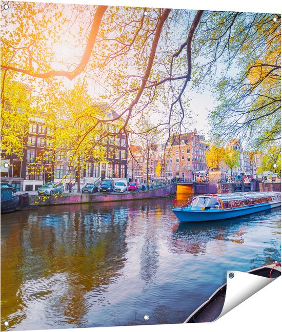 Foto: Gards tuinposter amsterdamse gracht tijdens het voorjaar 100x100 cm tuindoek tuindecoratie wanddecoratie buiten tuinschilderij