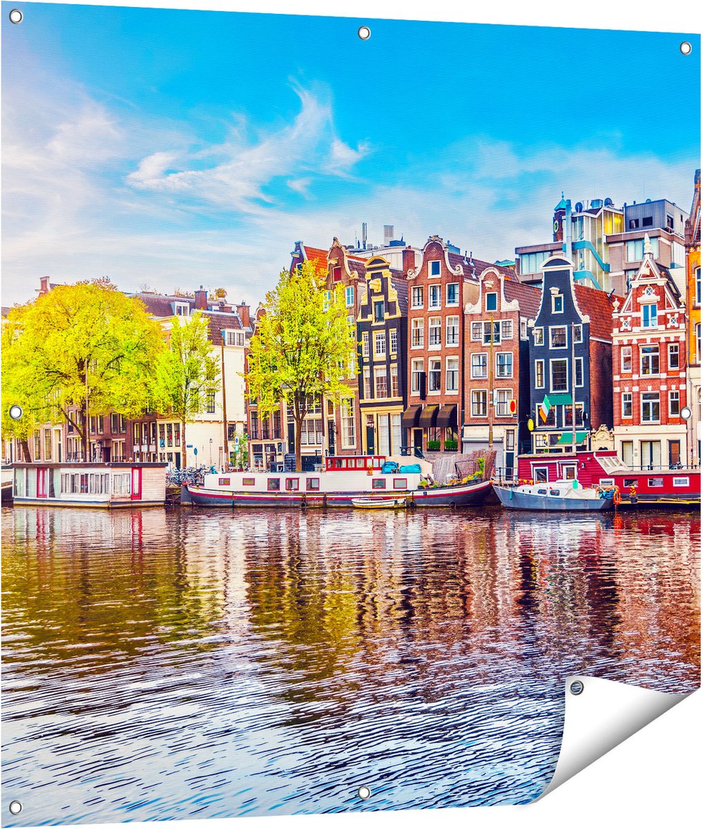 Gards Tuinposter Amsterdamse Huisjes aan het Water - 100x100 cm - Tuindoek - Tuindecoratie - Wanddecoratie buiten - Tuinschilderij Multikleur