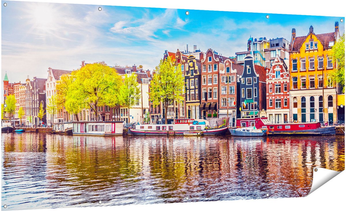 Gards Tuinposter Amsterdamse Huisjes aan het Water - 200x100 cm - Tuindoek - Tuindecoratie - Wanddecoratie buiten - Tuinschilderij Multikleur