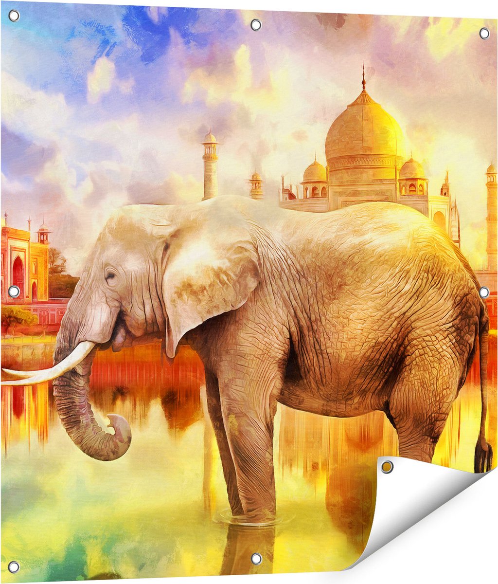 Gards Tuinposter Getekende Olifant bij Taj Mahal - Abstract - 80x80 cm - Tuindoek - Tuindecoratie - Wanddecoratie buiten - Tuinschilderij Multikleur