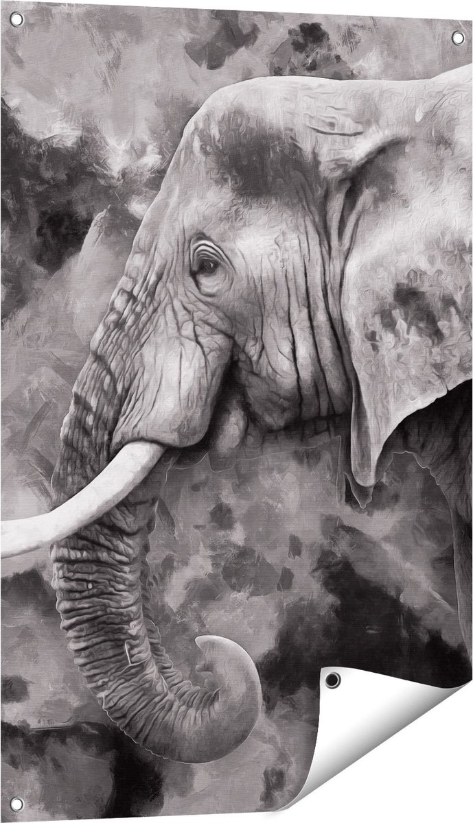 Gards Tuinposter Olifant - Abstract - Zwart Wit - 60x90 cm - Tuindoek - Tuindecoratie - Wanddecoratie buiten - Tuinschilderij Multikleur