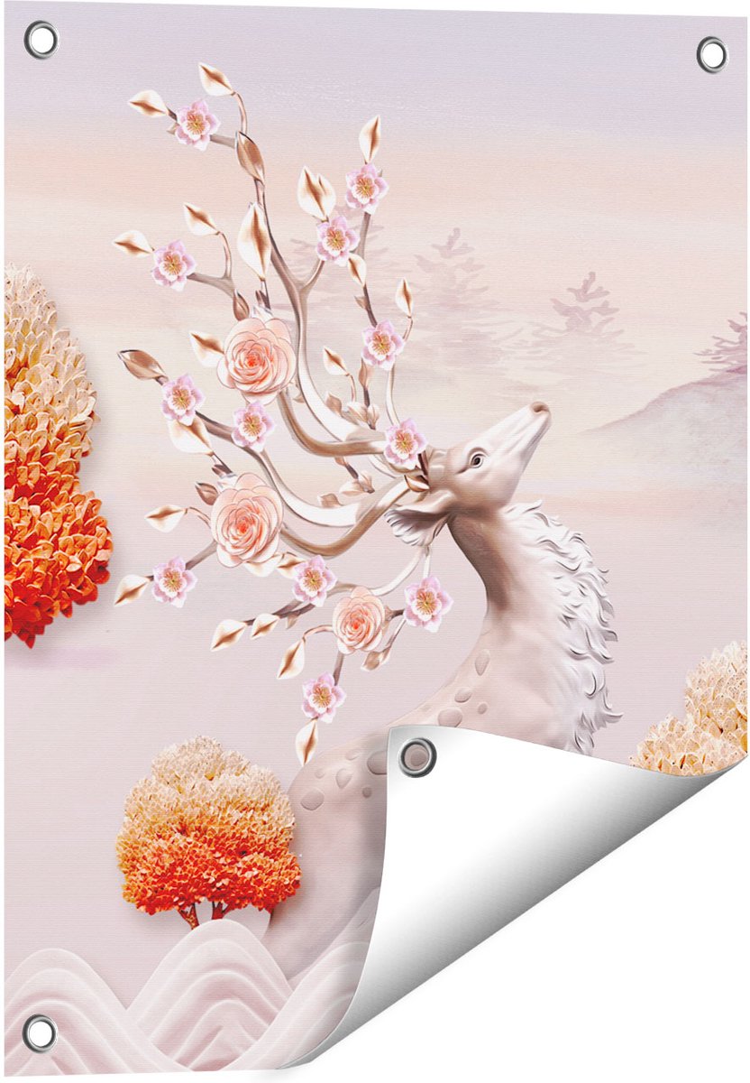 Gards Tuinposter 3D Illustratie Hert - Abstract - 40x50 cm - Tuindoek - Tuindecoratie - Wanddecoratie buiten - Tuinschilderij Multikleur