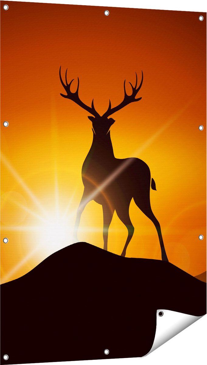 Gards Tuinposter Hert op een Berg - Abstract - Silhouet - 80x120 cm - Tuindoek - Tuindecoratie - Wanddecoratie buiten - Tuinschilderij Multikleur