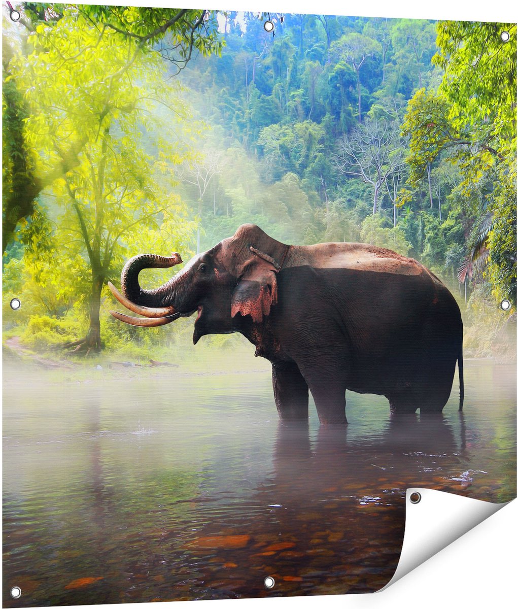 Gards Tuinposter Olifant in het Water - 90x90 cm - Tuindoek - Tuindecoratie - Wanddecoratie buiten - Tuinschilderij Multikleur