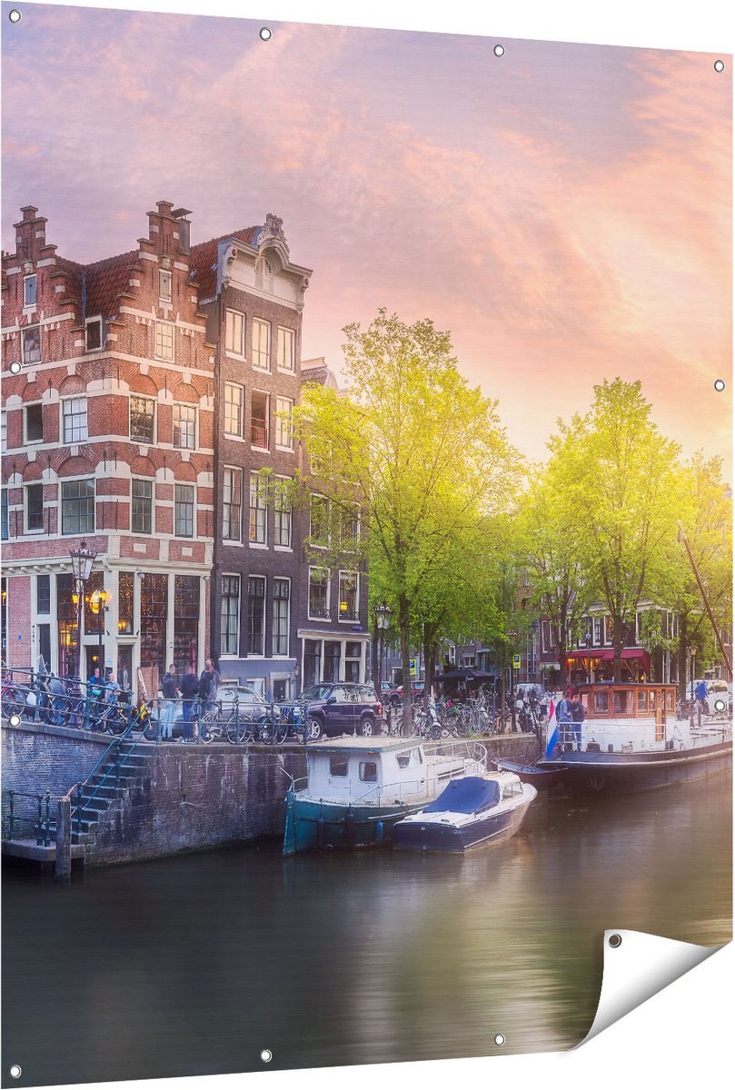 Gards Tuinposter Amsterdamse Grachten - 120x150 cm - Tuindoek - Tuindecoratie - Wanddecoratie buiten - Tuinschilderij Multikleur