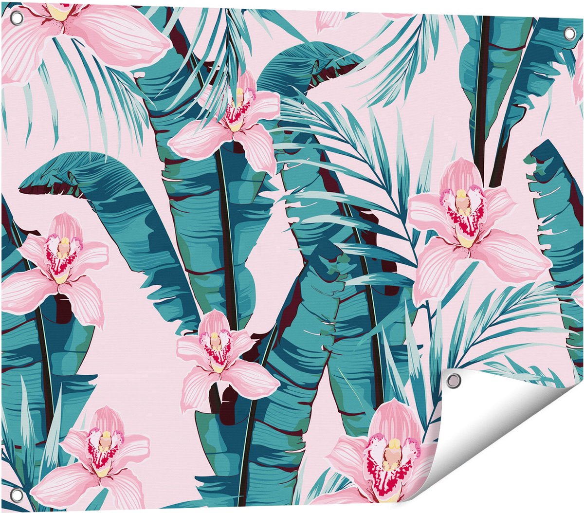 Gards Tuinposter Tropische Roze Zomer Bloemen met Bladeren - 80x60 cm - Tuindoek - Tuindecoratie - Wanddecoratie buiten - Tuinschilderij Multikleur