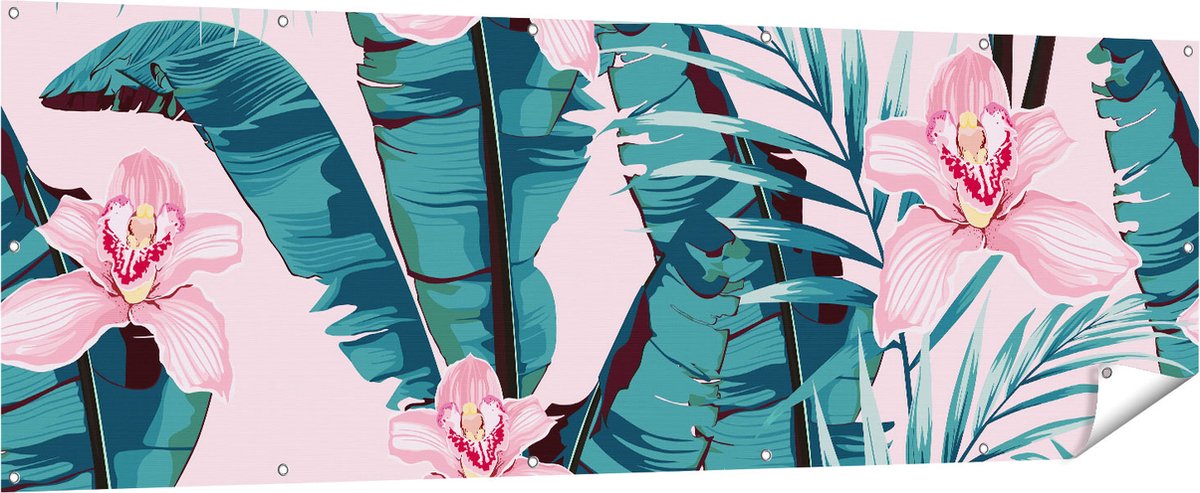 Gards Tuinposter Tropische Roze Zomer Bloemen met Bladeren - 210x70 cm - Tuindoek - Tuindecoratie - Wanddecoratie buiten - Tuinschilderij Multikleur