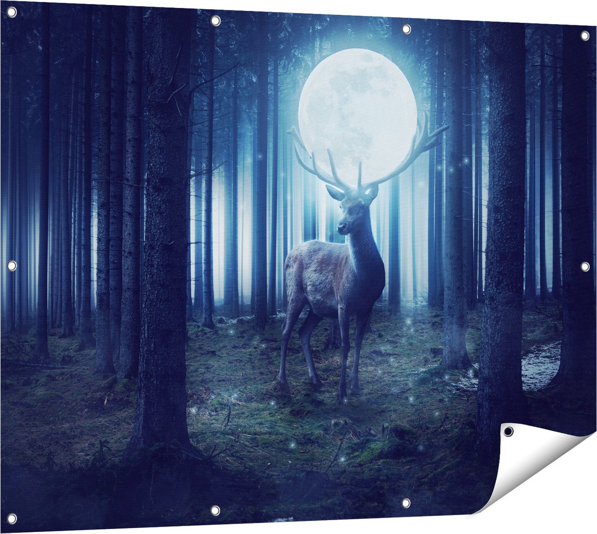 Gards Tuinposter Hert in het Bos tijdens Volle Maan - 120x90 cm - Tuindoek - Tuindecoratie - Wanddecoratie buiten - Tuinschilderij Multikleur