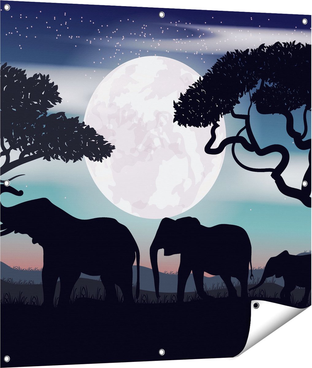 Gards Tuinposter Olifanten Silhouet tijdens Volle Maan - 100x100 cm - Tuindoek - Tuindecoratie - Wanddecoratie buiten - Tuinschilderij Multikleur