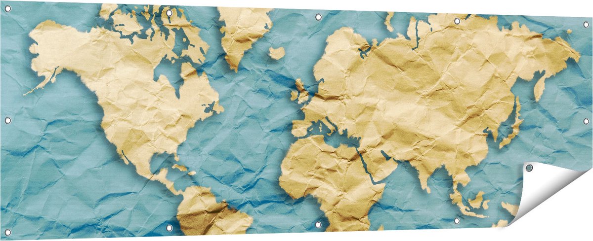 Gards Tuinposter Wereldkaart op Gekreukeld Papier - 180x60 cm - Tuindoek - Tuindecoratie - Wanddecoratie buiten - Tuinschilderij Multikleur