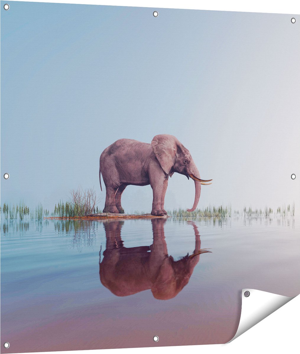 Gards Tuinposter Olifant bij het Water - 100x100 cm - Tuindoek - Tuindecoratie - Wanddecoratie buiten - Tuinschilderij Multikleur