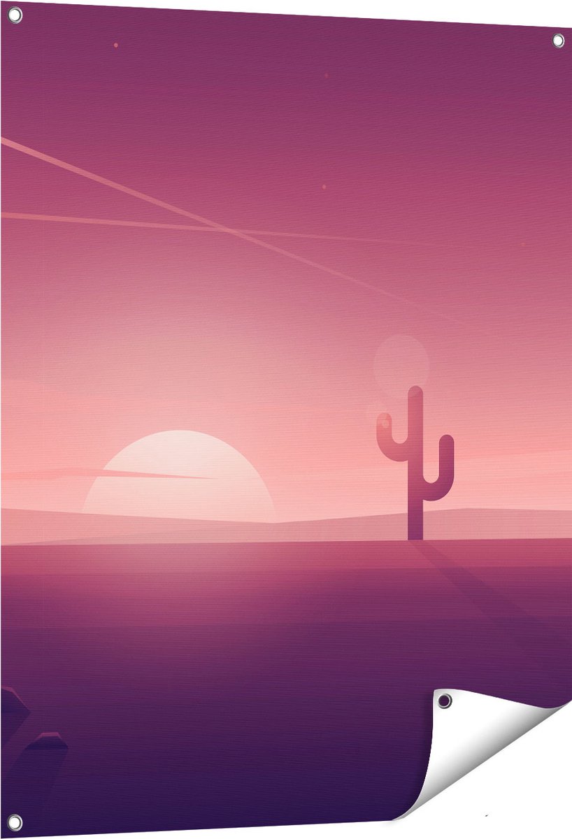Gards Tuinposter Zonsondergang in de Woestijn met een Cactus - 80x100 cm - Tuindoek - Tuindecoratie - Wanddecoratie buiten - Tuinschilderij Multikleur