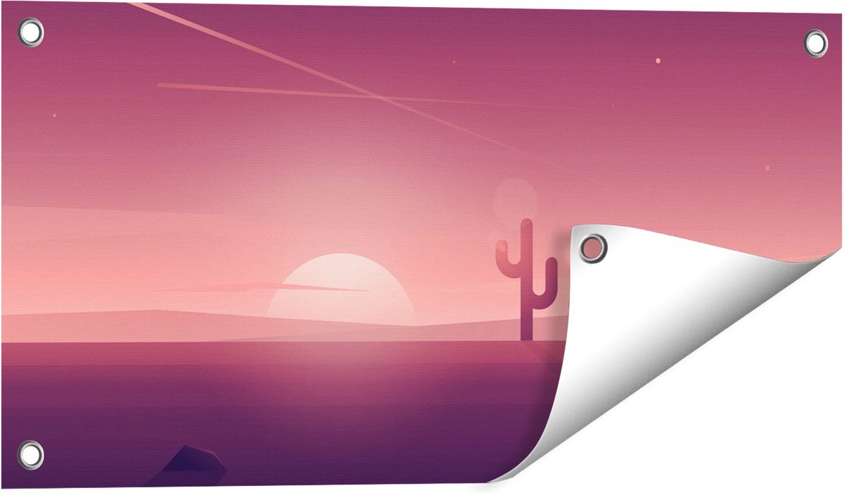 Gards Tuinposter Zonsondergang in de Woestijn met een Cactus - 60x30 cm - Tuindoek - Tuindecoratie - Wanddecoratie buiten - Tuinschilderij Multikleur