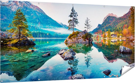 Gards Affiche de jardin Lac à la Montagnes en Automne - 200x100 cm - Toile jardin - Décoration de jardin - Décoration murale extérieur - Tableau jardin