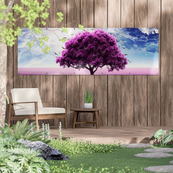 Gards Poster de jardin Arbre violet dans le champ violet avec Vogels - 210x70 cm - Toile de jardin - Décoration de jardin - Décoration murale extérieure - Tableau de jardin