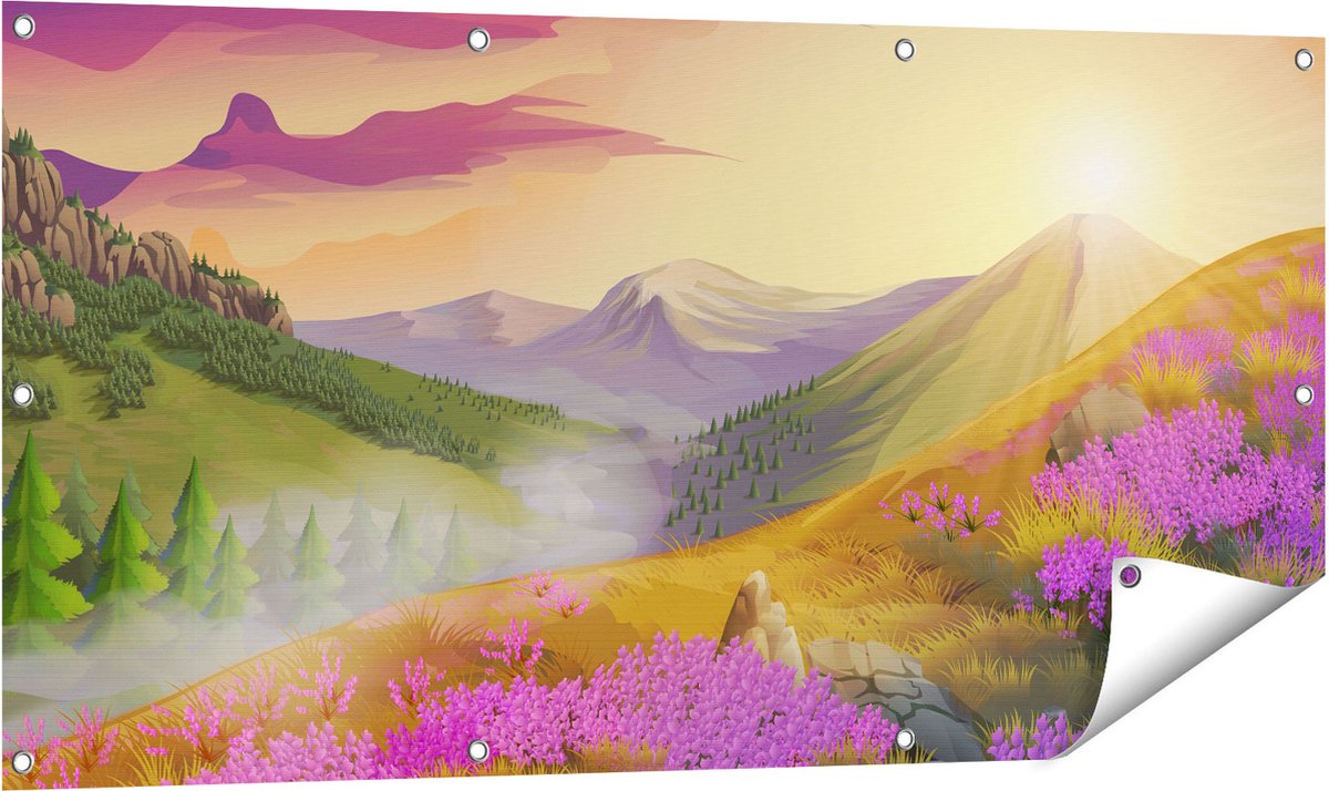 Gards Tuinposter Lavendel Bloemen in de Bergen - Abstract - 120x60 cm - Tuindoek - Tuindecoratie - Wanddecoratie buiten - Tuinschilderij Multikleur