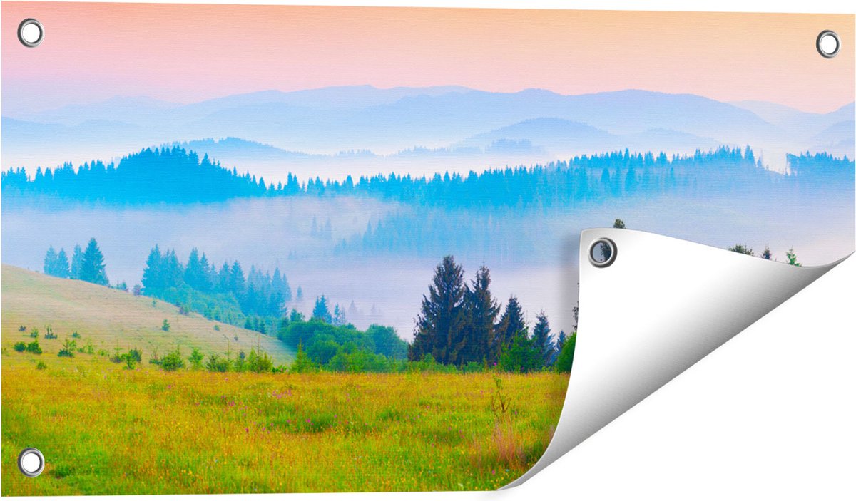 Gards Tuinposter Mistige Heuvel Landschap met Bossen - 60x30 cm - Tuindoek - Tuindecoratie - Wanddecoratie buiten - Tuinschilderij Multikleur