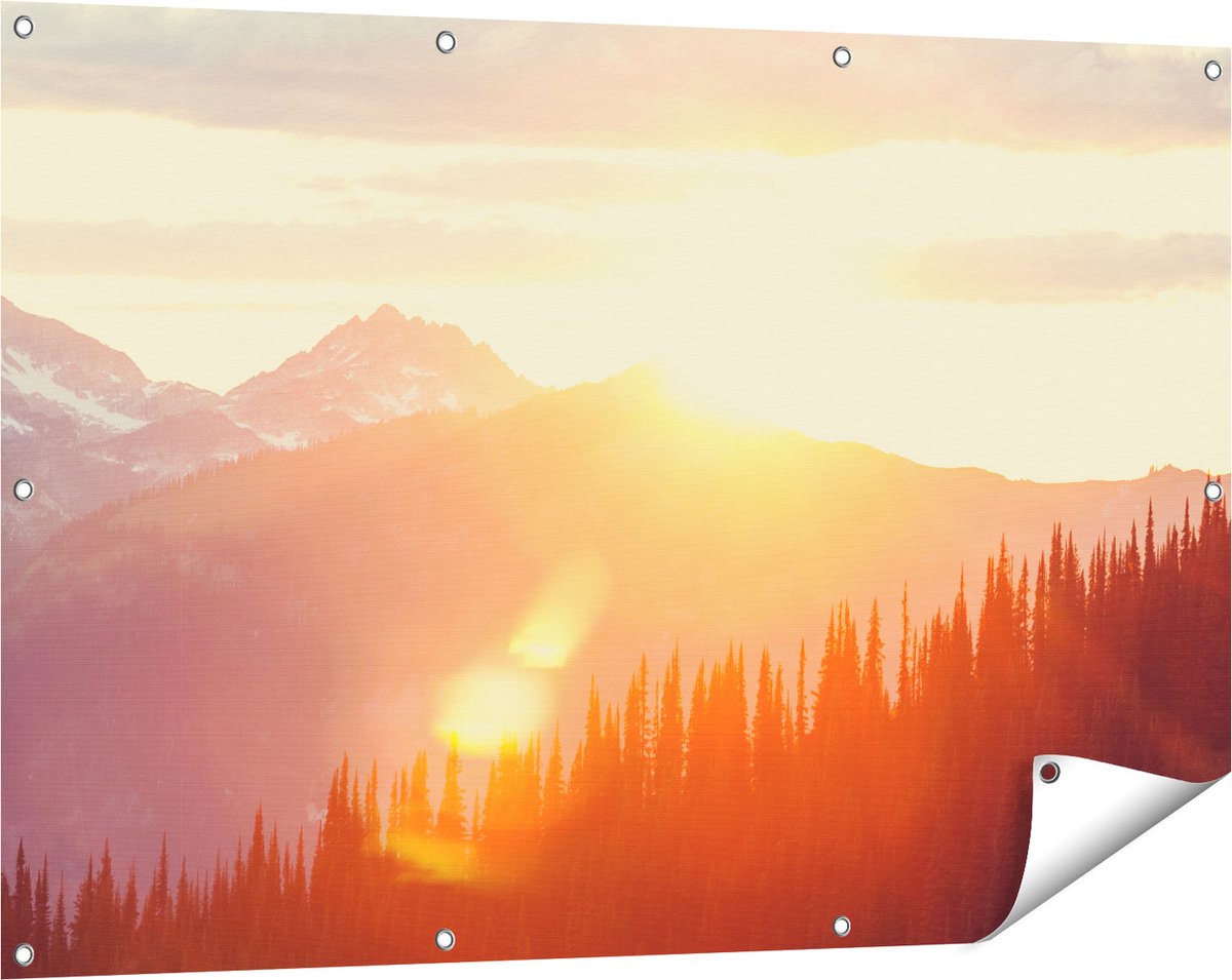 Gards Tuinposter Zonsondergang in het Bos - 120x80 cm - Tuindoek - Tuindecoratie - Wanddecoratie buiten - Tuinschilderij Multikleur