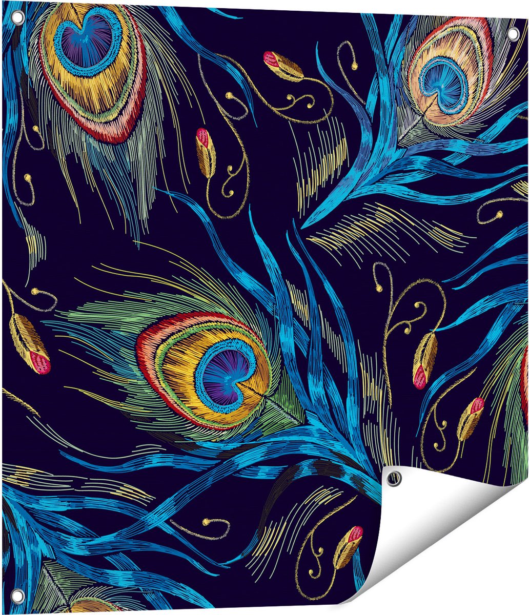Gards Tuinposter Getekende Pauw Veren Achtergrond - 70x70 cm - Tuindoek - Tuindecoratie - Wanddecoratie buiten - Tuinschilderij Multikleur